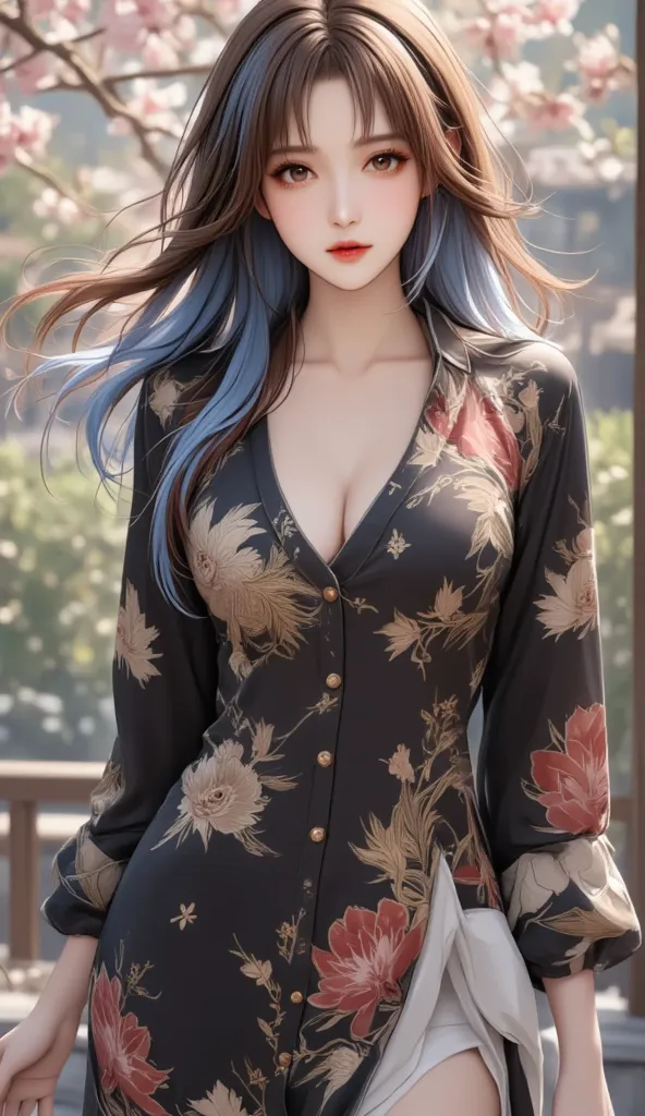 Qingshan ink texture，[beautiful Asian woman:25 years old]，[gradient blue and white long hair and waist {x} black flowing gold embroidery antique style long dress:Low Bust Design+gold phoenix pattern+Chinese style fairy tale scene]，[Sunset sunlight shines t...