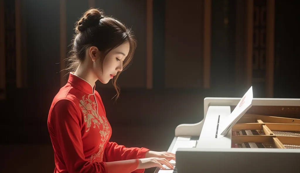 create a girl wearing a red colour cheongsam singing,playing a white piano