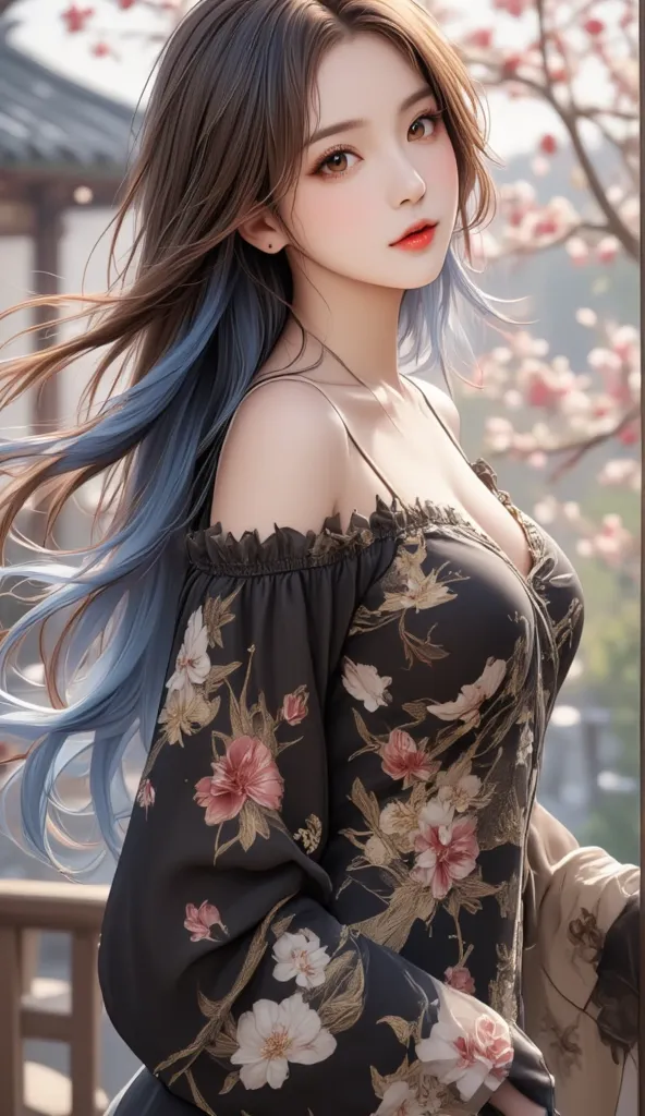 Qingshan ink texture，[beautiful Asian woman:25 years old]，[gradient blue and white long hair and waist {x} black flowing gold embroidery antique style long dress:Low Bust Design+gold phoenix pattern+Chinese style fairy tale scene]，[Sunset sunlight shines t...