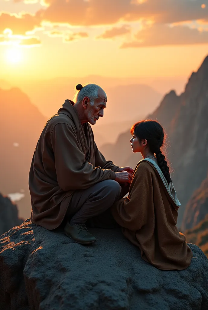 Create a hyper-realistic, 4K photographic image that captures the essence of wisdom and humility. The scene should depict an elderly sage, with a serene expression and deep, thoughtful eyes, sitting atop a mountain at sunset. His wrinkled skin and weathere...