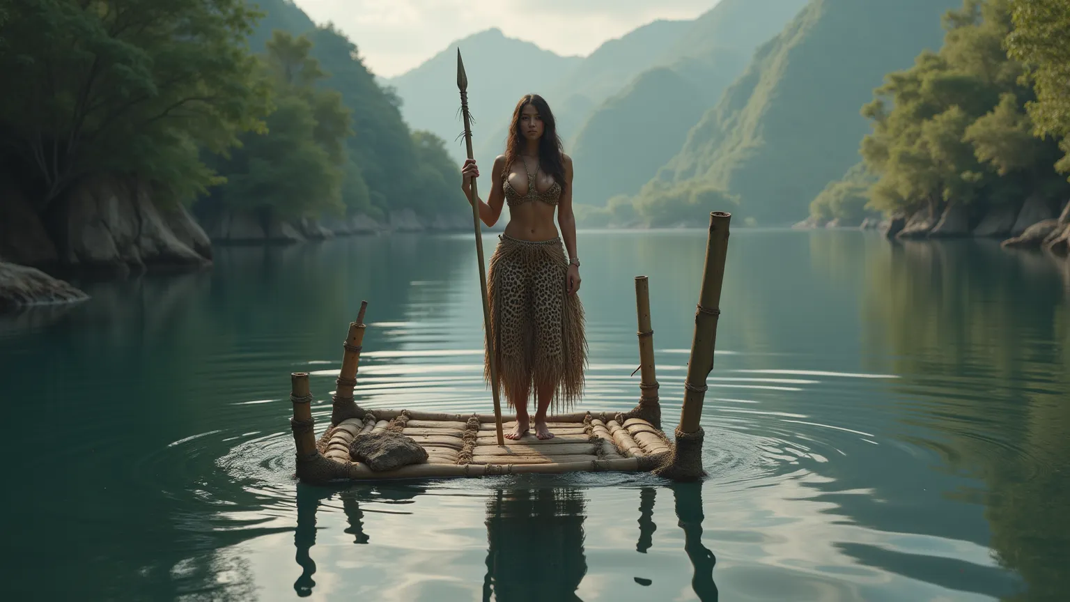 "A realistic 4K HD scene, set in the Stone Age, no sea. (Three long thin and long bamboos: 1.2) (They're organized: 1.2) (forming a perfect rectangular structure, flat and perfect free to navigate: 1.2) Is it floating on the water in this structure, a woma...