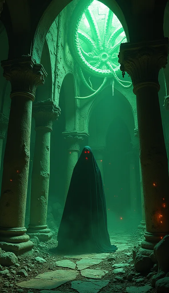 Inside an old sunken castle, pilar pilar renaissance style dengan dinding ornamen gothic yang hyper detailed, gloomy figure with red glowing eyes, lurk i between cracked pillar pillars, Tentacle green mechanism glowing intricately out chaotically