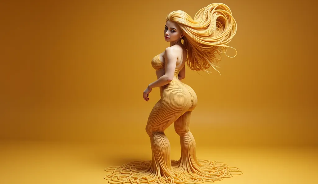 A dreamlike scene of a woman whose body is intricately sculpted from spaghetti. Each strand forms a perfect, seamless texture across her skin, her delicate noodle lips curving into a soft smile. She stands confidently, her golden pasta hair catching the li...