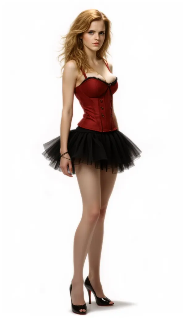 hermione granger,red corset,black tutu mini skirt,Louboutin-style high heels, spiky messy hair,detailed face,white background.