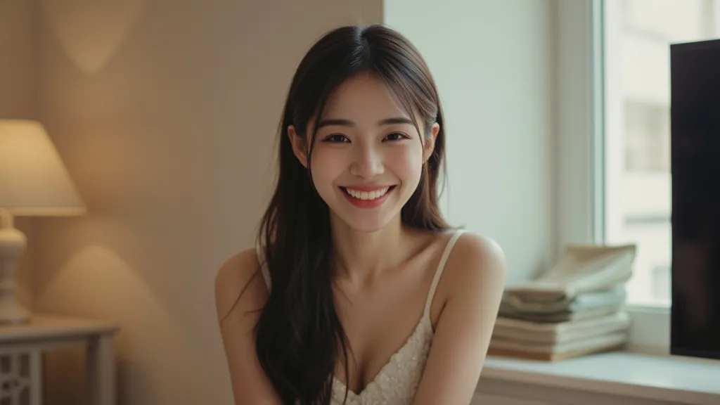 The protagonist is now in a well-lit, cozy room, sitting at a stylish desk with a high-quality webcam. She is wearing a cute and elegant outfit, smiling confidently while chatting with viewers on a laptop screen. The chat window is filled with positive mes...