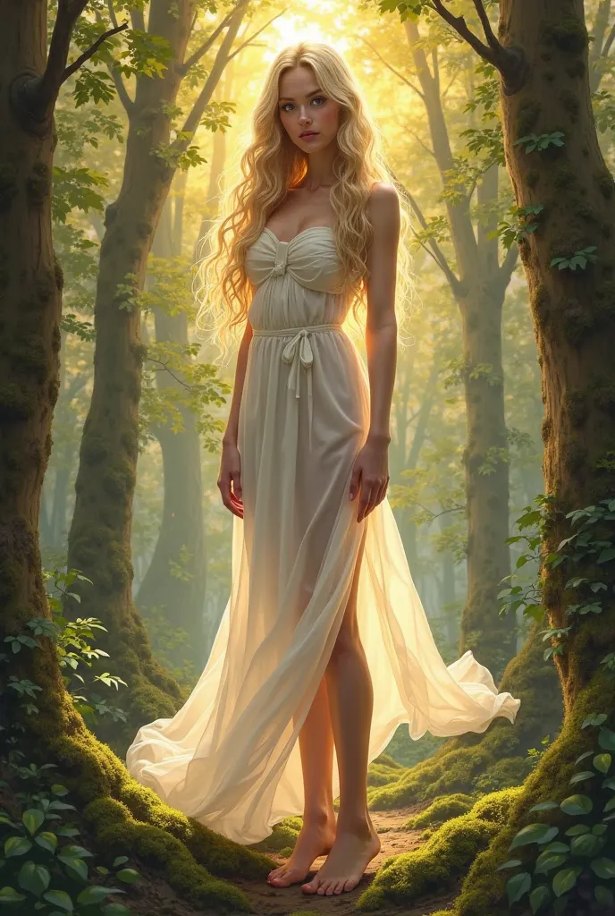 Prompt 1: the elegance of the enchanted forest, dynamic stance. blond Full body depiction of a Swedish girl model, she stands confidently in a magical forest. Her long, blond hair cascades softly, Waves flowing down her shoulders,  with natural radiance , ...