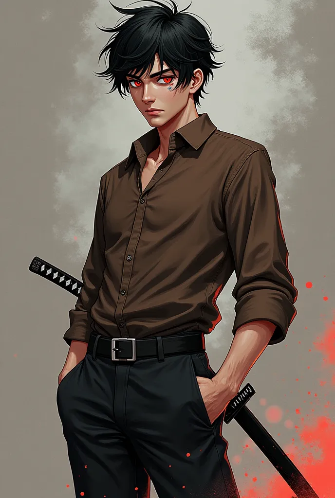 Daiki Kurogami is an imposing-looking young man, reflecting his strength and skills supernatural. His hair is black and slightly messy, with strands falling disorderly over his forehead, giving him an air of mystery and intensity. His hair style is inspire...