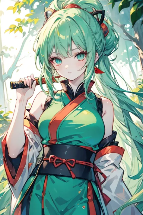 
Image is an anime naruto style illustration featuring a beautiful lady ninja from Konoha, Image is an anime-style illustration featuring a character with long, green hair styled with a topknot and adorned with two red hairpins. The character has fair skin...