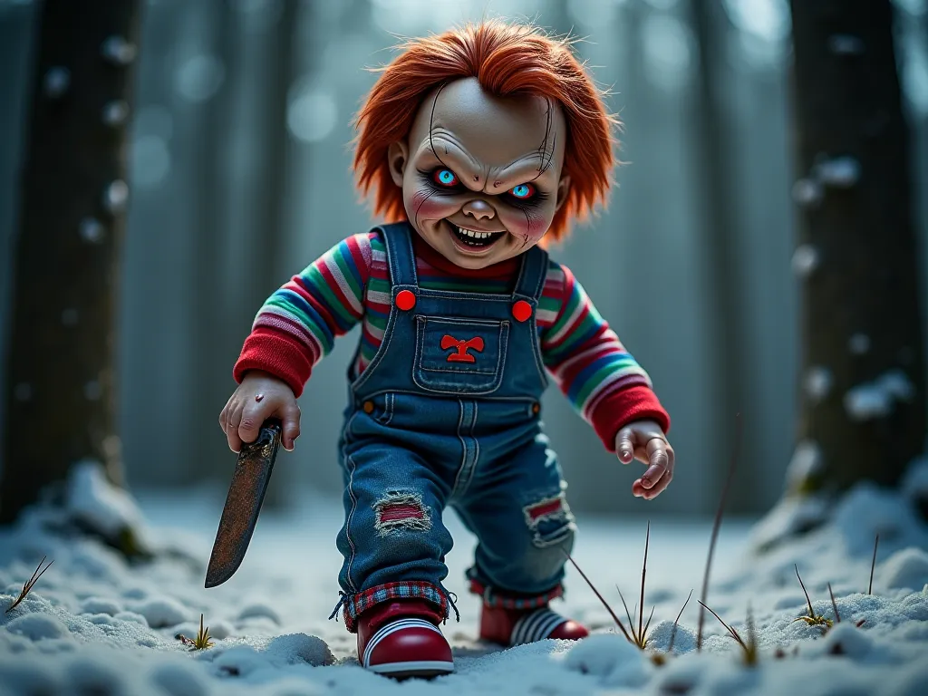 A terrifying humanoid version of Chucky with a heavily muscular physique is walking forward menacingly. His skin is decayed and stitched together like a zombie, with glowing red eyes and a sinister grin. His arms are bulky with exposed veins, and his tatte...