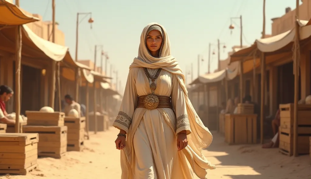 A woman in the forties wearing an old, modest white Arabic dress with the head covering of trade caravans in the desert Jamal and the boxes of market tents