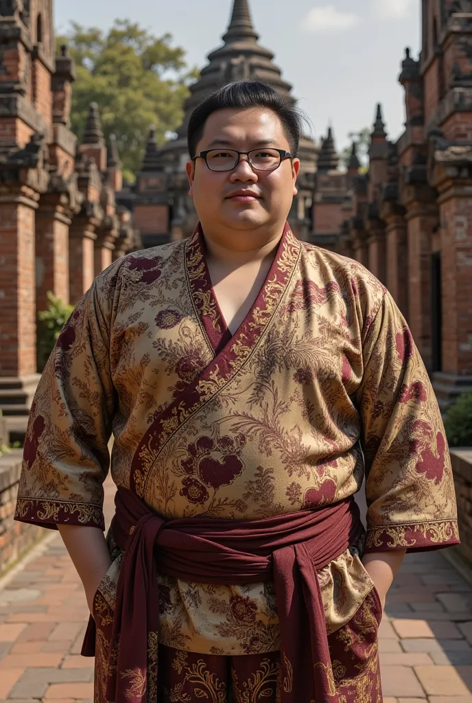 **[Subject]**: A handsome Very fat man wearing glasses, dressed in traditional Ayutthaya-era Thai clothing.
**[Details]**: Authentic historical Thai attire with intricate patterns, neatly styled hair, and a confident expression.  
**[Environment / Backgrou...