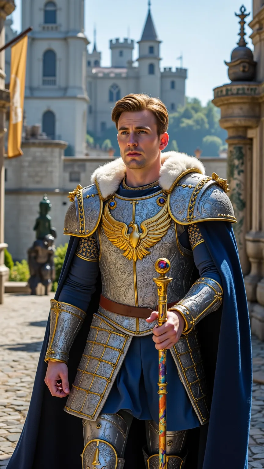 Chris Evans reimagined as a Medieval King walking and holding a golden scepter､dramatic atmosphere, 1 male､ 

Short, neatly styled golden-blonde hair, piercing blue eyes. A grand golden crown, adorned with sapphires and white diamonds, rests upon his head,...