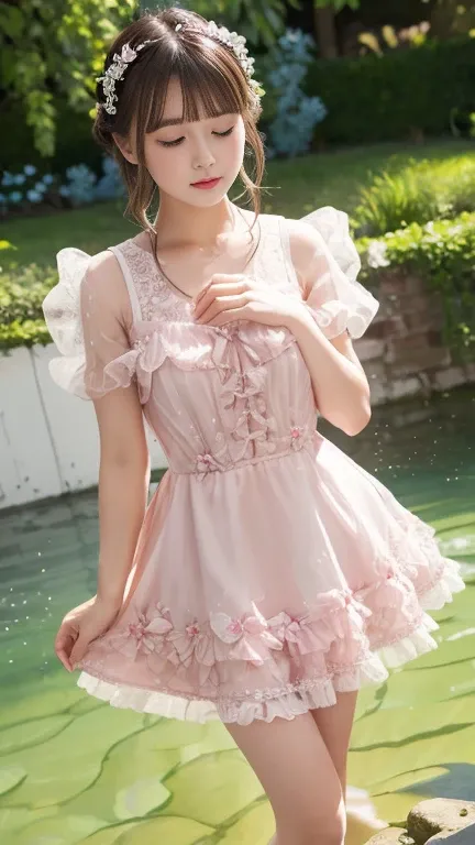 ((top quality)), ((masterpiece)), ( details), 1 person, cute,White Beauty ,Flower Garden,photon mapping， Jill Stuart pink lace and ruffle dress，high contrast、 glitter　Sleeping on the surface of the water 