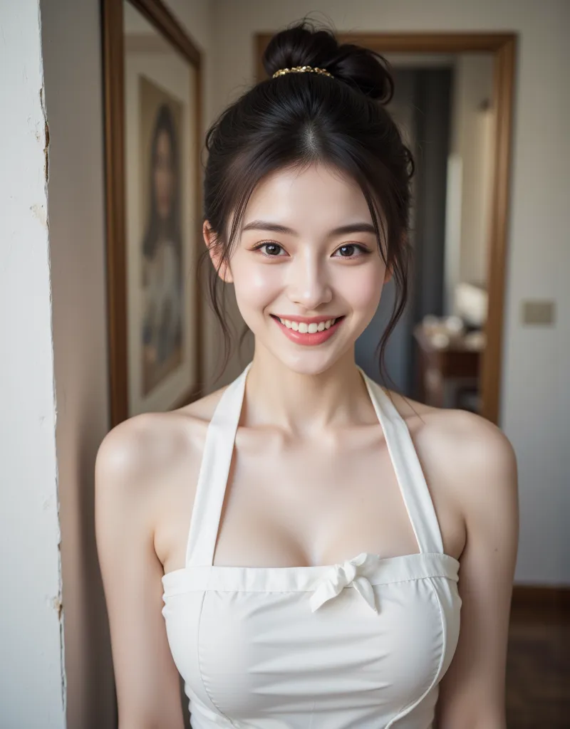 (Super cute Korean housekeeper is standing close to the camera laughing:1.2)(Grinning,smile:1.2)(looks happy:1.1)(16k,  RAW photos , top quality, masterpiece: 1.2),(glossy black hair cute bun hair) Super Detail, super resolution, (Genuine, Genuine photos: ...