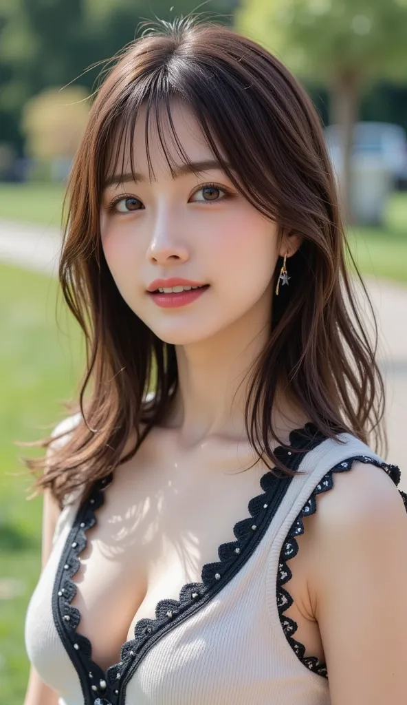  A beautiful middle-aged woman standing in the park  (48 years old: 1.4),  Wavy Dark Hair  , long and thin legs, fine laugh lines: 1.2, And a captivating smile .   。  SHARP FACE DETAILS   ,   amazing beauty (ultimate beauty),  the face and eyes of women 、 ...