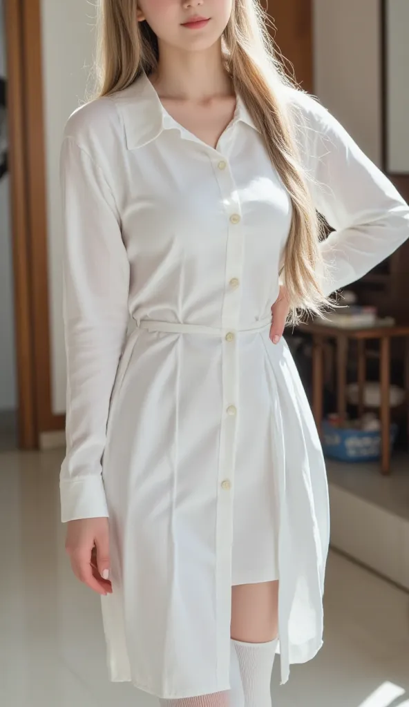  beautiful 18 year old young Japanese girl  ((pale skin, is tall、thin,  long straight blonde hair )) 
wear:  full length button down dress open , Linen dress, The dress is buttoned up ,  white thigh high socks

very small breasts ,  Highly detailed face an...