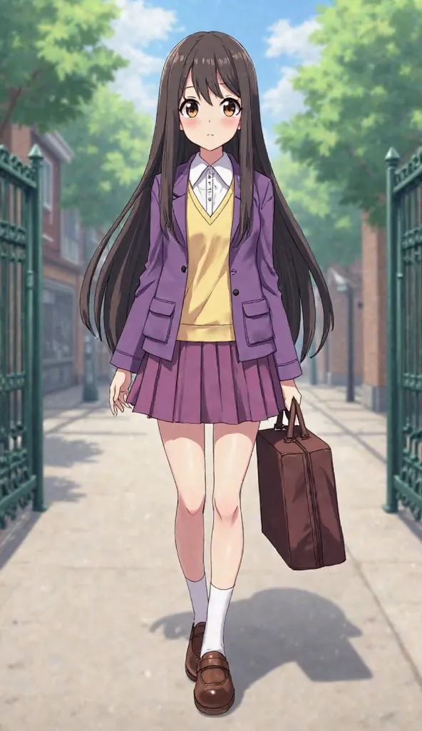  Very Cute High School Girls、( Comic Style)、dark brown hair、straight long hair that completely conceals skin、Trimmed Bangs、Big Crisp Eyes、Brown Eye Color、Beautiful Skin 、 thin legs、 based(white shirt、Light Yellow Cardigan)、outer(Violet Blazer、Violet Skirt、...