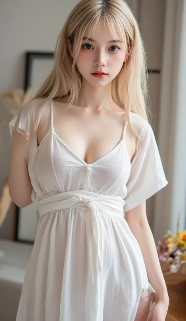  beautiful 18 year old young Japanese girl  ((pale skin, is tall、thin,  long straight blonde hair )) 
wear:  full length button down dress open , Linen dress, The dress is buttoned up ,  white thigh high socks

very small breasts ,  Highly detailed face an...