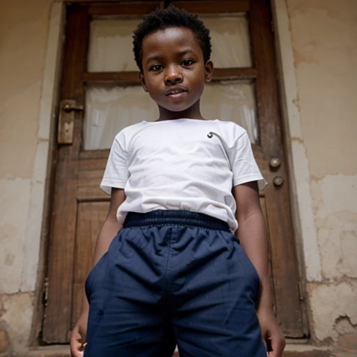 A African boy aged 8 wears a pair of underpants in one crotch., as real