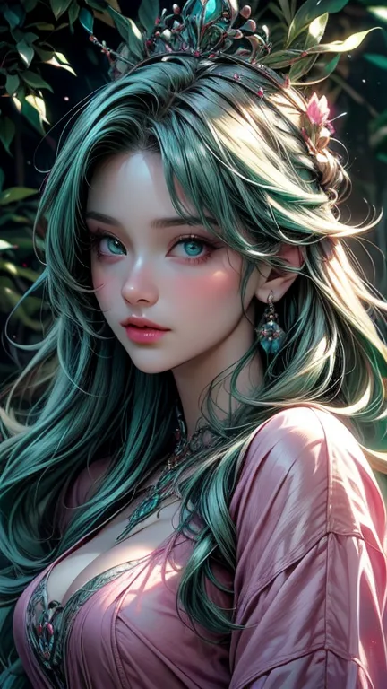 (best quality, ultra-detailed, photorealistic: 1.39) A stunning, luminous woman with cascading, silky light green hair and piercing aqua eyes, wearing a long pink silk dress, enchanted forest teeming with lush, emerald foliage and vibrant, exotic flowers, ...