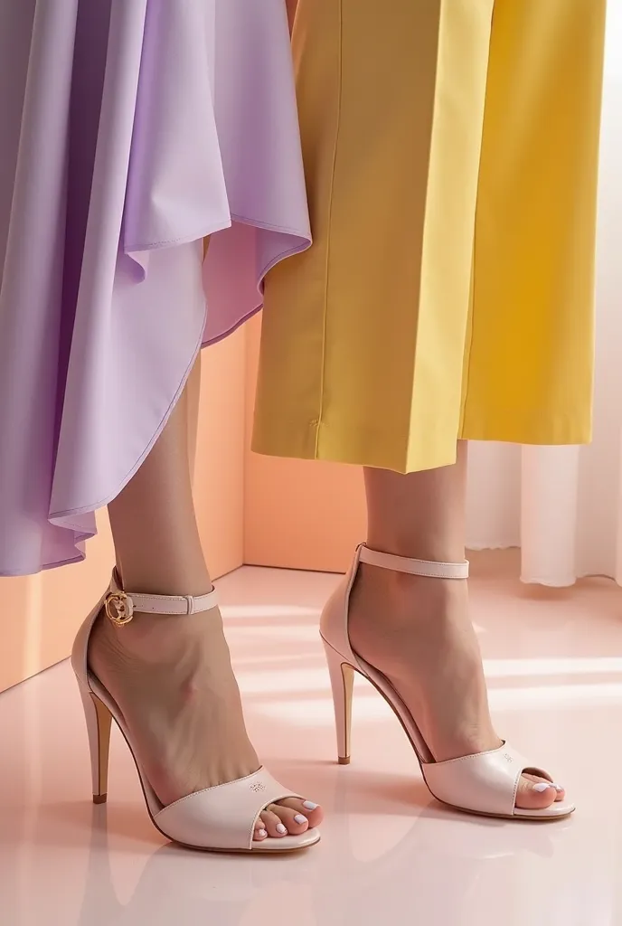 A stunning fashion shot highlighting trendy peep-toe heels in a chic, modern design. The shoes are showcased in an elegant pastel setting, paired with a flowy dress in soft lilac or a chic pantsuit in butter yellow—two of the most viral colors for Spring 2...