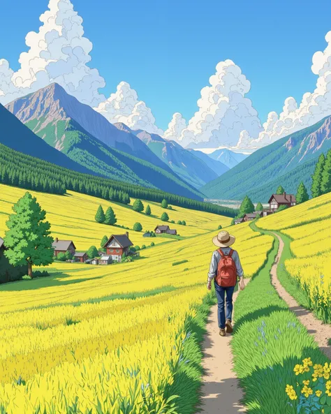 "A stunning countryside landscape with lush green fields stretching into the distance, bathed in warm sunlight. A dirt path winds through the fields, leading towards small cozy houses with red and white rooftops, nestled among trees. In the foreground, a l...