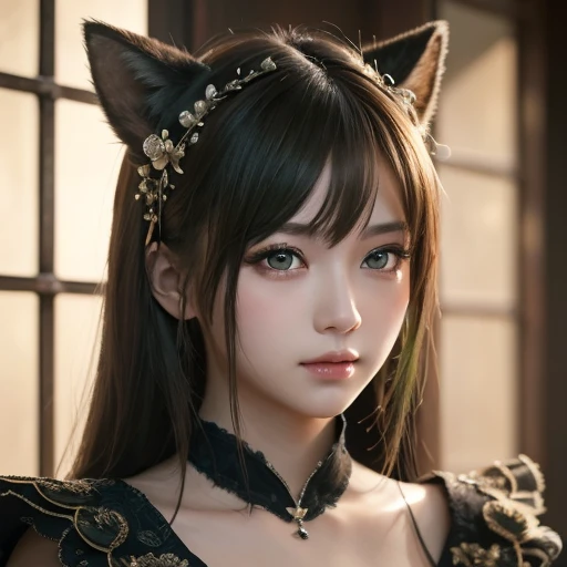 (Alone:1.5),(Masterpiece:1.5),( best quality :1.5),( Bust:1.3), wonderful, beautiful detailed, Extremely Detailed Wallpaper , Highly Detailed CG Unity 8K Wallpaper, very delicate Beautiful Eyes ,   green eyes, s,[Fox Ears,