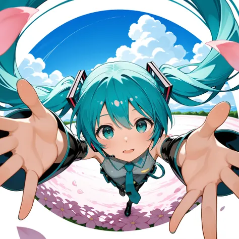 Top view：1.5, beautiful anime girl" Hatsune Miku "- Head up - Reach out， alone，reaching for help，White clouds under your feet，fisheye perspective, Top view, round border，pink petal spinning