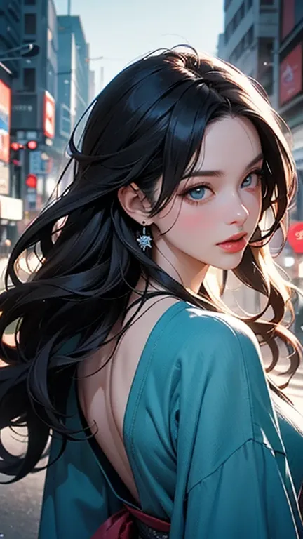 (best quality, ultra-detailed, photorealistic: 1.39), Vibrant, anime-inspired woman with an exquisite, heart-shaped face, walking confidently in the midst of a bustling metropolis, adorned in modern, high-fashion attire, complete with intricate accessories...