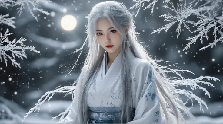 On a moonlit night, a mysterious Yuki-onna stands in a quiet, snowy forest. Her long, flowing silver hair contrasts with her pale skin, faintly glowing in the moonlight. Yuki-onna wears a traditional white kimono embroidered with delicate ice patterns like...
