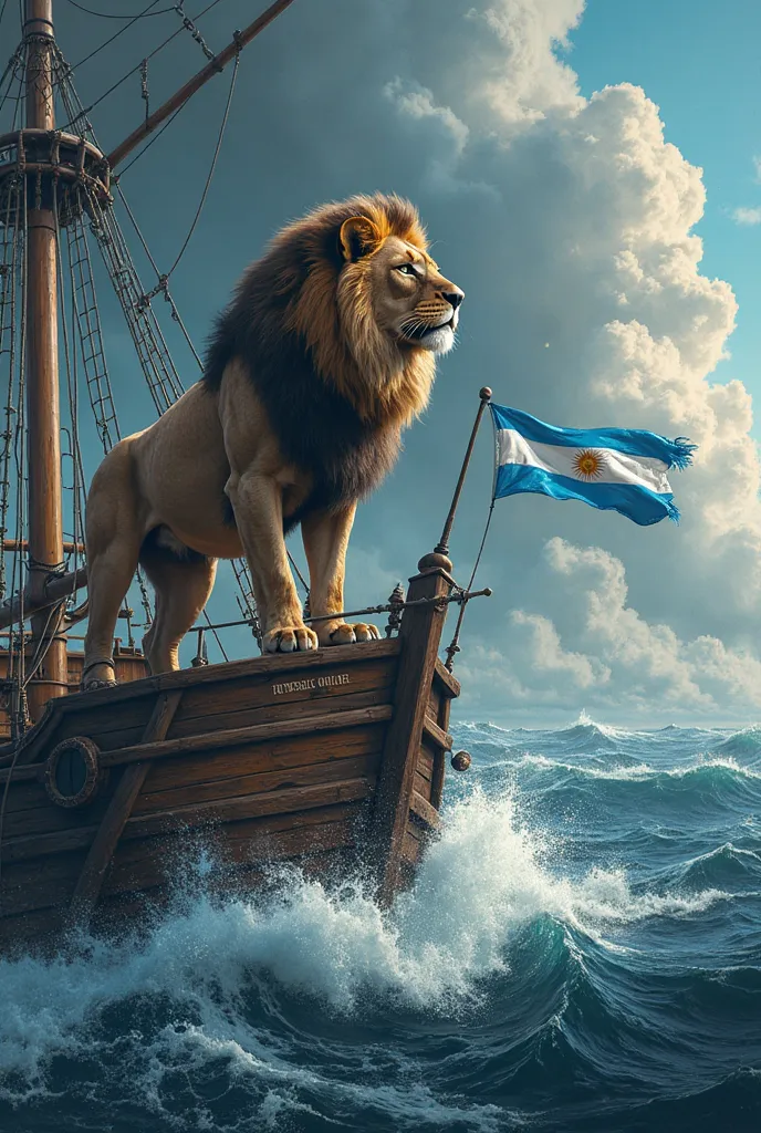 A lion that flies a ship in a storm with the Argentine flag and that the ship is called Sea Brown