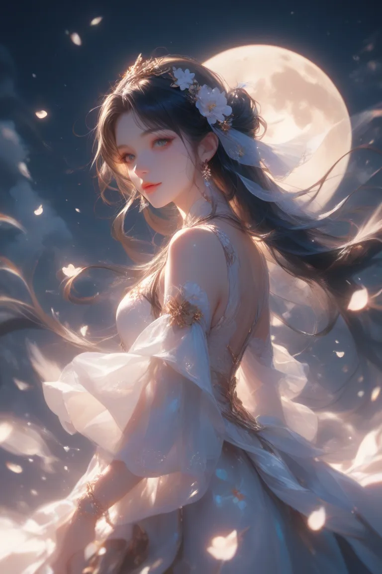 A young girl stood under the night sky lit by the full moon. The golden light of the moon shone softly, illuminating her serene and graceful face. Her long white dress shimmered like moonlight, swaying gently in the night breeze. Her long, black hair was l...