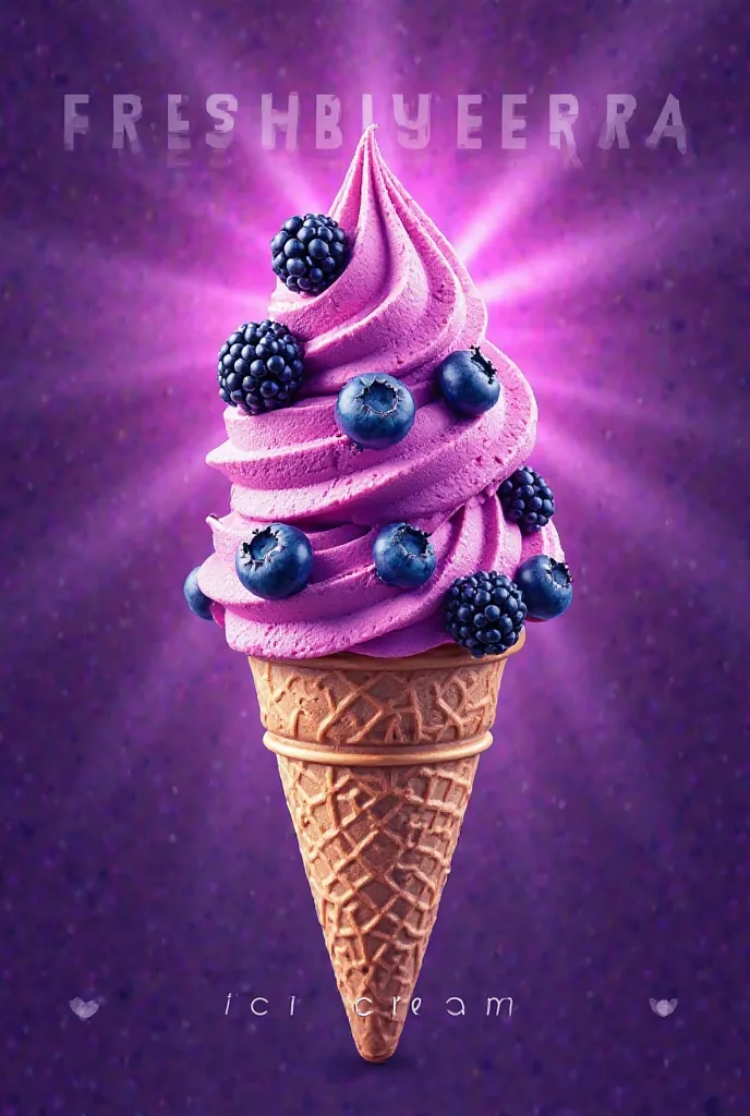 A vibrant, digital poster design, featuring a cone of pink/purple ice cream topped with blueberries and blackberries, bathed in a rich, deep purple background with a glowing, sunburst effect; the words "FRESH BLUEBERRY ice cream" are prominently displayed ...