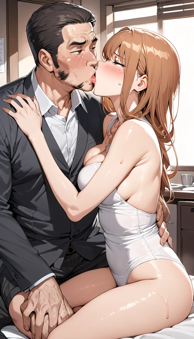 ,High quality,超high resolution,HD illustrations, masterpiece, extremely detailed,Head hug,high resolution,Breaking the focus,Japanese, Mature Heterosexual Couple , Eyes Immersed in Pleasure ,( Married Secretary Sexy Milf Has Shiny Lips and Old Hairy Bald H...