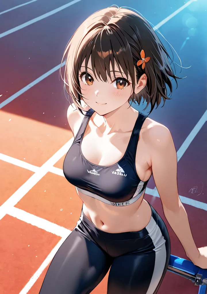 ( masterpiece), top quality , natural light, , Diffuse Light, alone,   Beautiful Anime   、 beautiful artistic style , 赤い頬、( beautiful eyes), brown eyes,   dark-haired, hair accessory、hair bite, bob cut、（  Athletes、  Sports Bra and Pants  ）, ( middle of che...