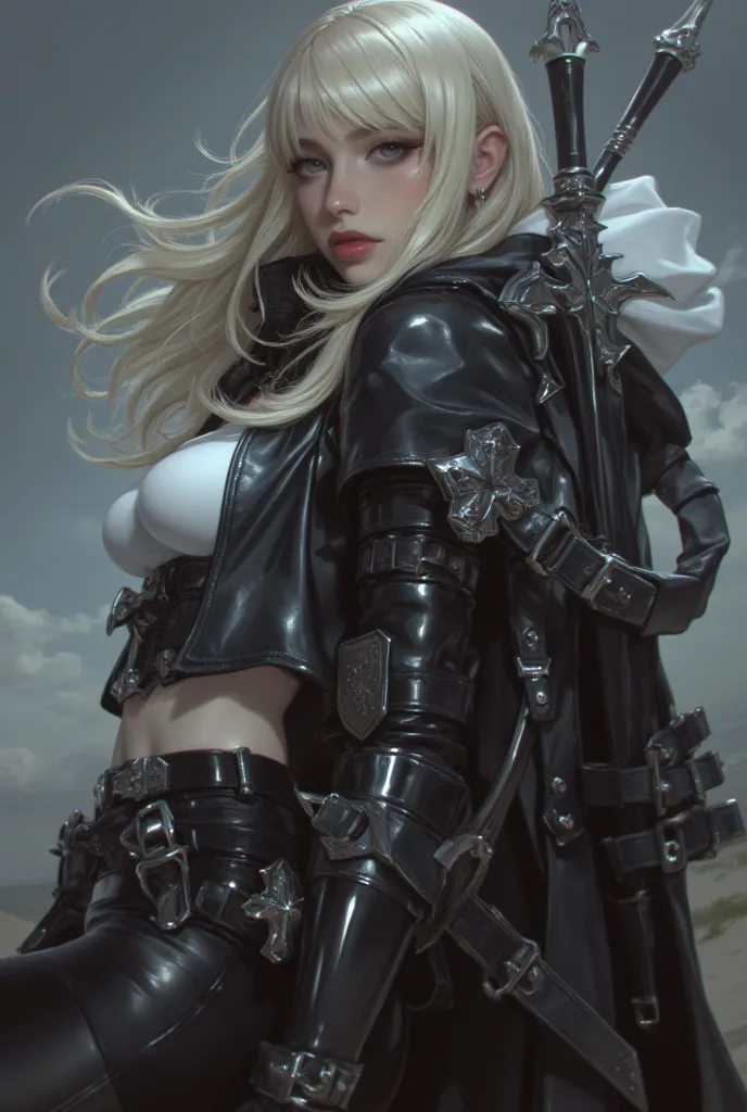   close-up of a person with a sword wearing a leather coat, Sephiroth, Sephiroth  from Final Fantasy , a photo of Sephiroth,  from Final Fantasy ,  leather armor , sexy long blonde hair woman wearing biker leather outfit,  Final Fantasy Characters ,  Style...