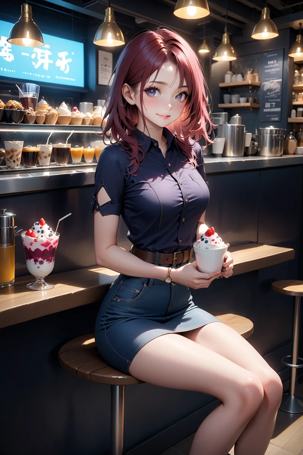 young damsel, slim, smiling, holding a cup of red bingsu, at night cafe, BREAK, {forehead, shoulder-length hair, reddish-brown hair}, BREAK, ((black-gray short stretch sleeves collared blouse (+cutout)), (dark navy-blue denim pencil mini skirt, brown belt)...