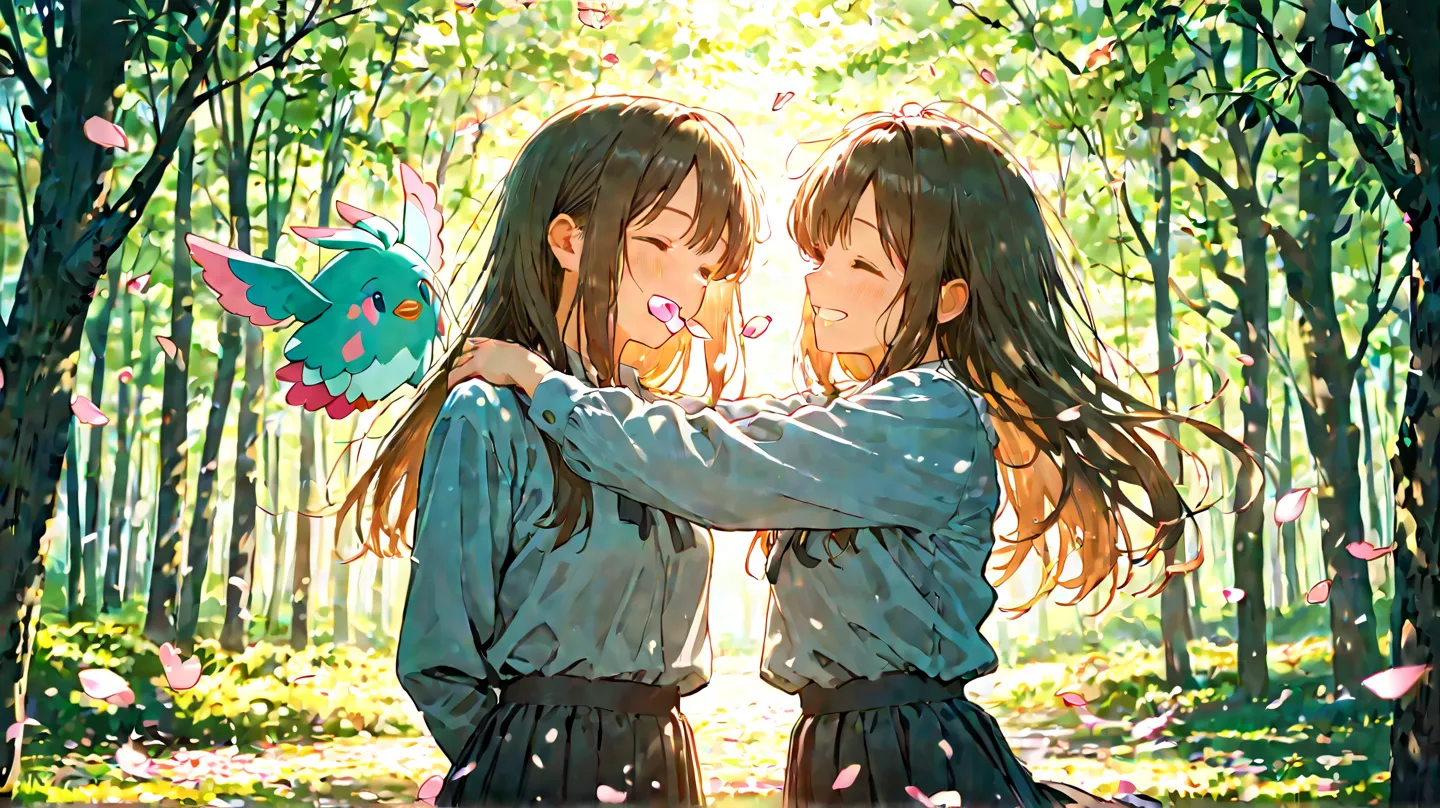 pretty girl,Silent Forest,Soft Breeze,upper body,Smiling face,long hair,Graceful Standing Position,Muimori,sunlight filtering through the trees,petals flutter around the mouth,serene atmosphere