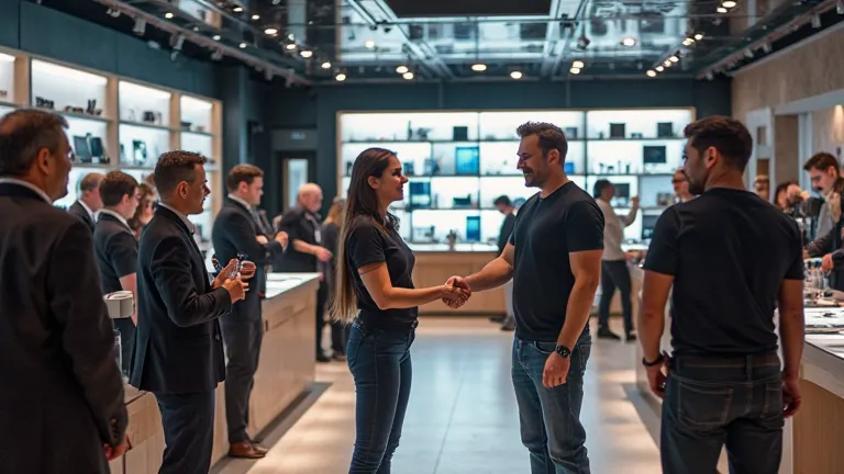 A luxurious, high-end tech store filled with sleek gadgets and glowing displays. Employees in polished uniforms assist well-dressed customers, while in the center of the scene, a young woman (Sophie) in a store uniform stands stunned, her eyes wide with di...