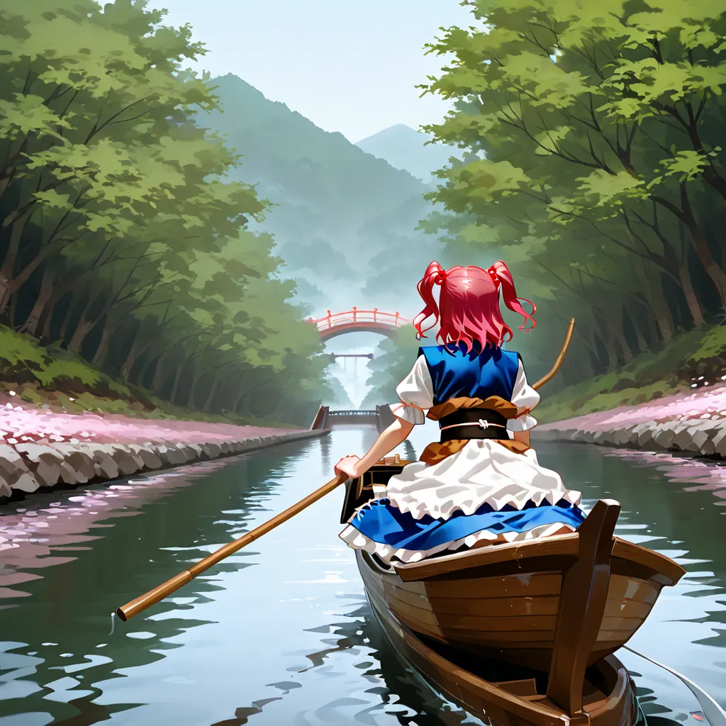 Onozuka Komachi, sakura, river, boat, (bridge:0.9)