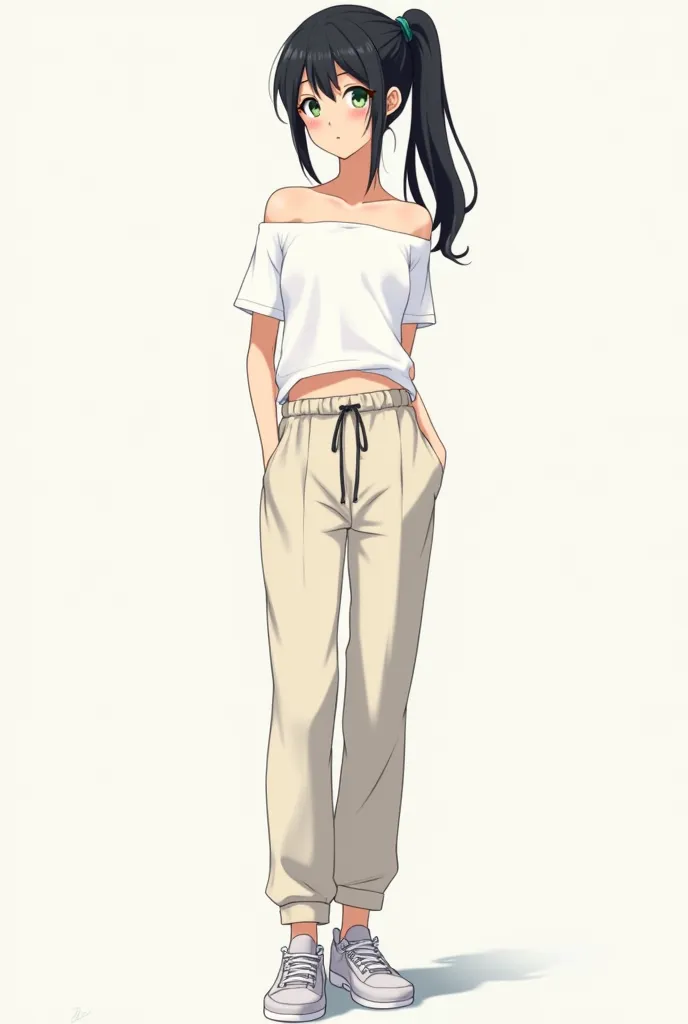 Full body anime girl wearing sweatpants, loose on the right shoulder white shirt, and wearing sneakers. Black tied up hair. Green eyes. 