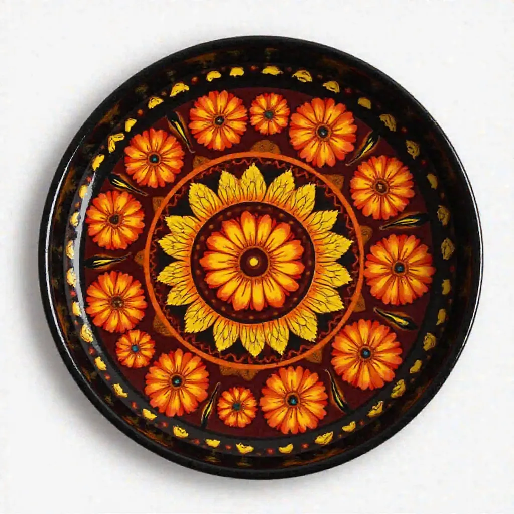 The image is of a round ceramic plate with a black base. The plate is decorated with an intricate mandala-like design in orange, yellow, and red colors. The center of the mandala is a circular pattern with a central mandala in the center, surrounded by sma...