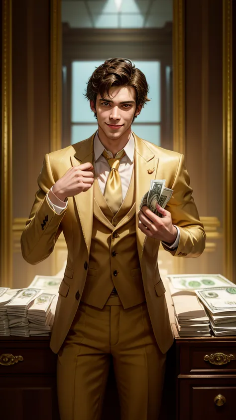 "A handsome man with sharp features and a confident smile stands surrounded by piles of cash. He wears a stylish suit, exuding power and success. The luxurious setting glows with golden light, reflecting his wealth and ambition. His posture is relaxed yet ...