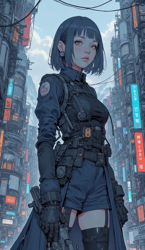wearing a uniform carrying a gun, cyberpunk art by Yangjun Chen, Art Station Contest Winners , fantasy art, Alena Aenami and artgerm, lies in, ilya kuvshinov . 4k yen, Guweiz Style Work , Ross Tran. Landscape Background, realistic anime 3D style