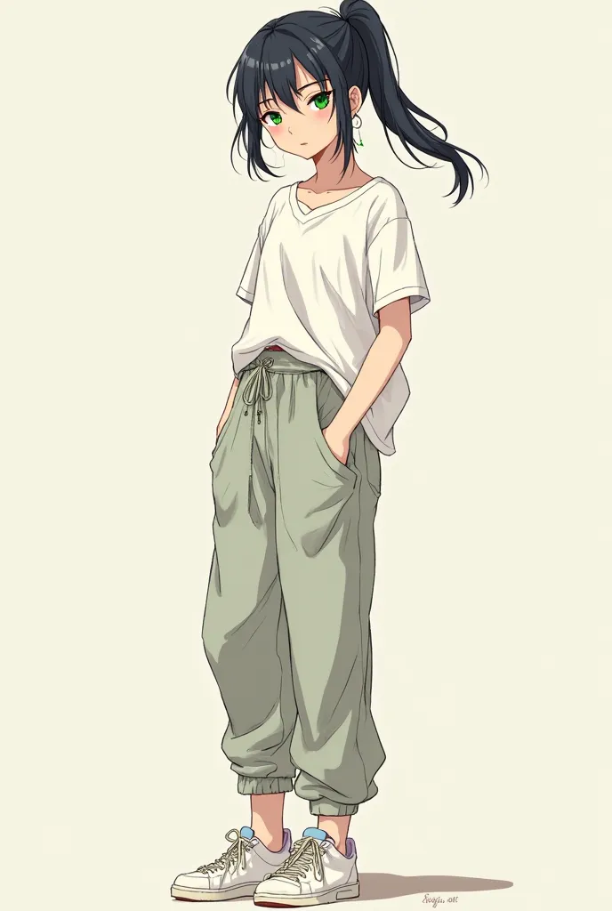 Full body anime girl wearing baggy sweatpants, loose on the right shoulder white shirt, and wearing sneakers. Black tied up hair. Green eyes. Looking at the front 