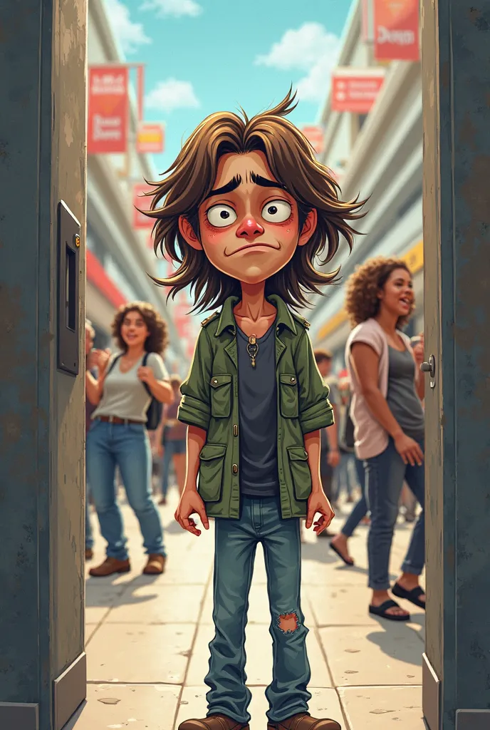 A long haired introverted guy struggling to find a place to poop. Funny cartoon