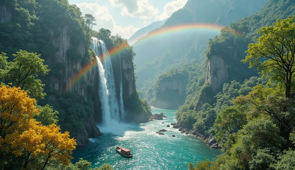 nature view from above with 1 flycam:  Summer, 1 waterfall flows down from the mountain, yellow leaf plant, lá đỏ, rainbows