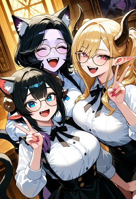 gyaru,cool beauty,3 women,black hair,medium breast, v,upper body, laughing, Four beautiful women,（A woman, Cat's eyes, Cat ears and tail, Fangs, ） （A goat horn girl，White short hair，cute，curls，Goat ears）（A purple skin girl、An elf with two horns, Dress eleg...