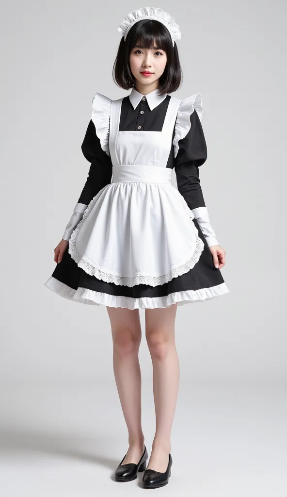 Cute maid outfit、Black leather shoes、full body、Clear、 obliquely from front