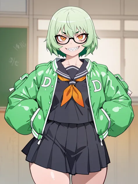 ((bright green hair)), ((cheerful expression)), ((glasses)), ((amber eyes)), ((school uniform)), ((fair skin)), ((slightly sharp teeth)), (curvy), ((puffy jacket)), ((complementary colors)), ((delinquent)), 1girl, beautifully drawn, high resolution illustr...